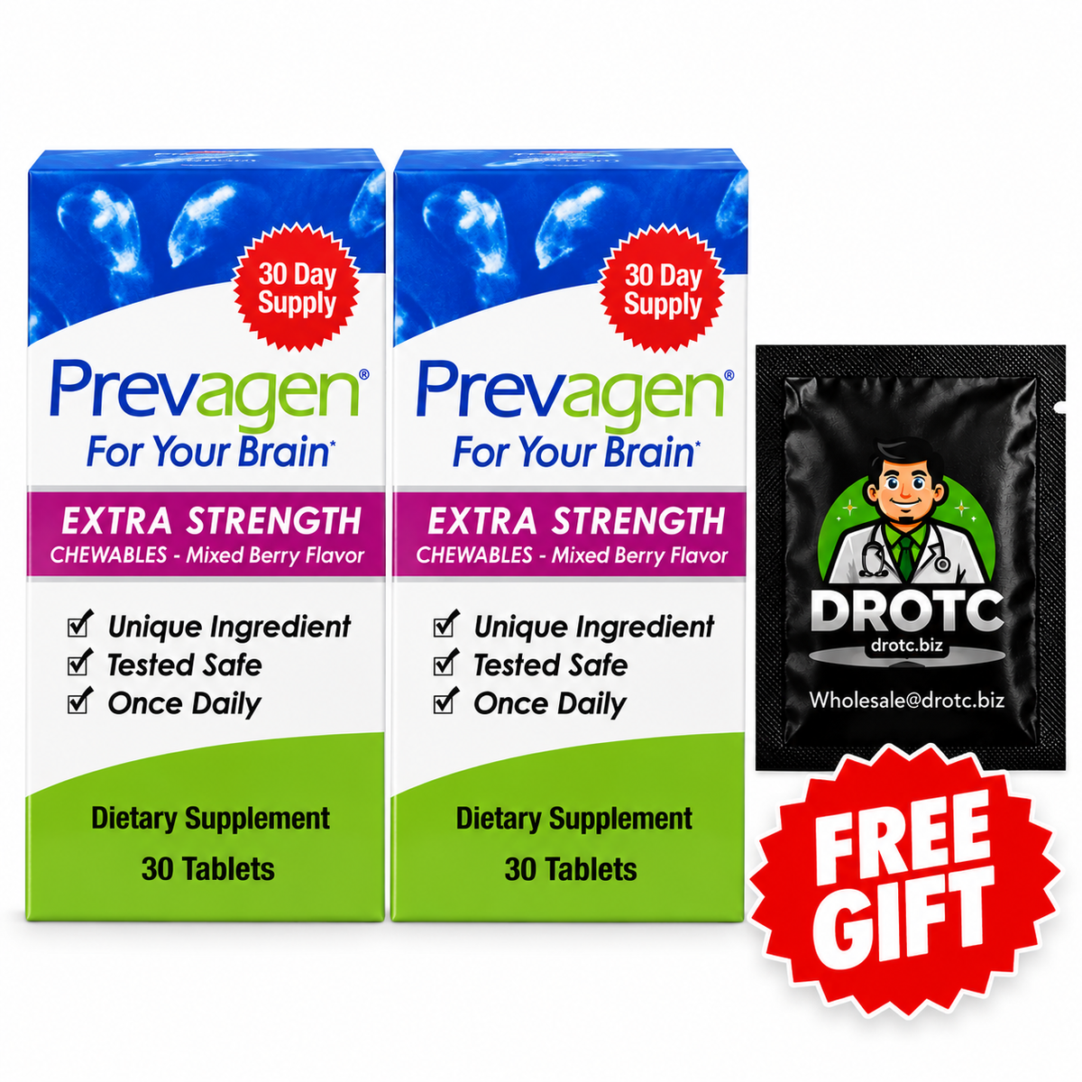 Prevagen® Extra Strength Berry Flavor Chewables - 20mg Apoaequorin, 30ct + Free DR OTC Eye Wipe
