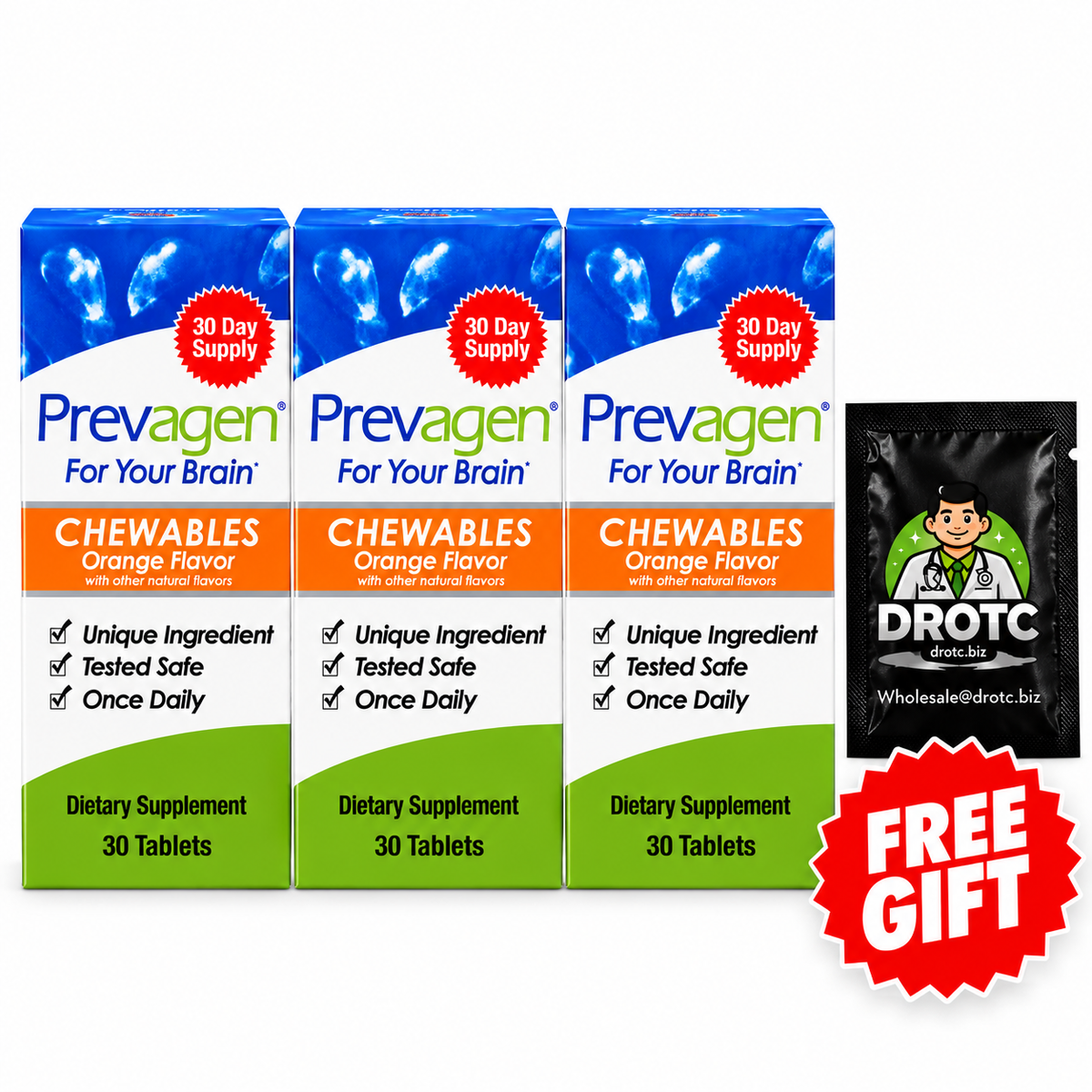 Prevagen® Regular Strength Orange Flavor Chewables - 10mg Apoaequorin, 30ct + Free DR OTC Eye Wipe