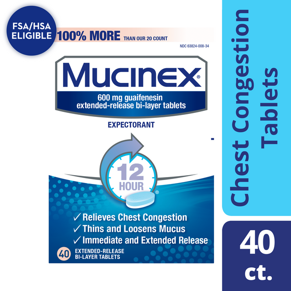 Mucinex 12 Hour Chest Congestion Medicine Tablets, 40 count