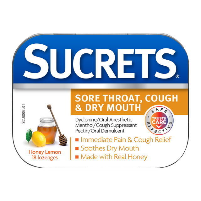 Sucrets Sore Throat, Cough & Dry Mouth Lozenges, Honey Lemon Flavor, 18 count