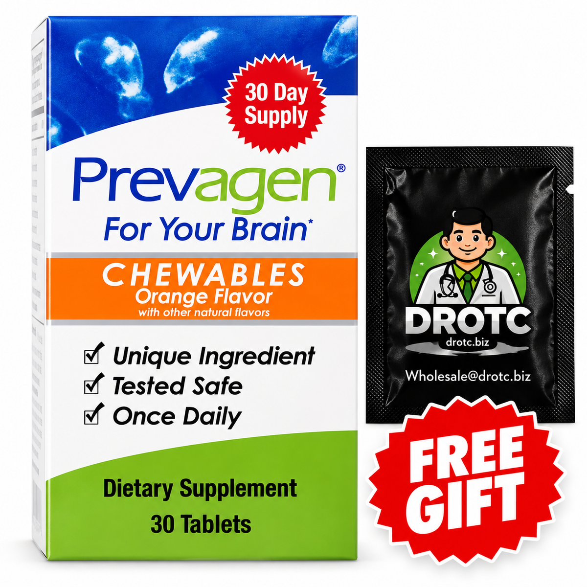 Prevagen® Regular Strength Orange Flavor Chewables - 10mg Apoaequorin, 30ct + Free DR OTC Eye Wipe