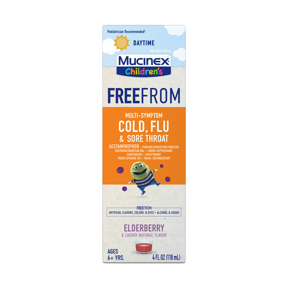 Mucinex Children's FreeFrom Multi-Symptom Cold, Flu & Sore Throat Daytime, Elderberry Flavor, Ages 6+, 4 oz