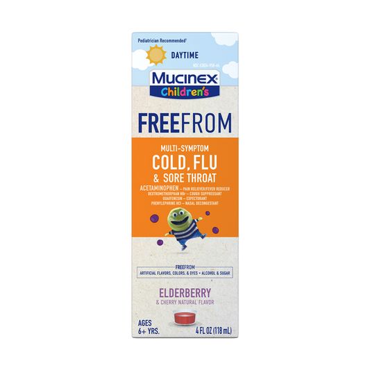 Mucinex Children's FreeFrom Multi-Symptom Cold, Flu & Sore Throat Daytime, Elderberry Flavor, Ages 6+, 4 oz