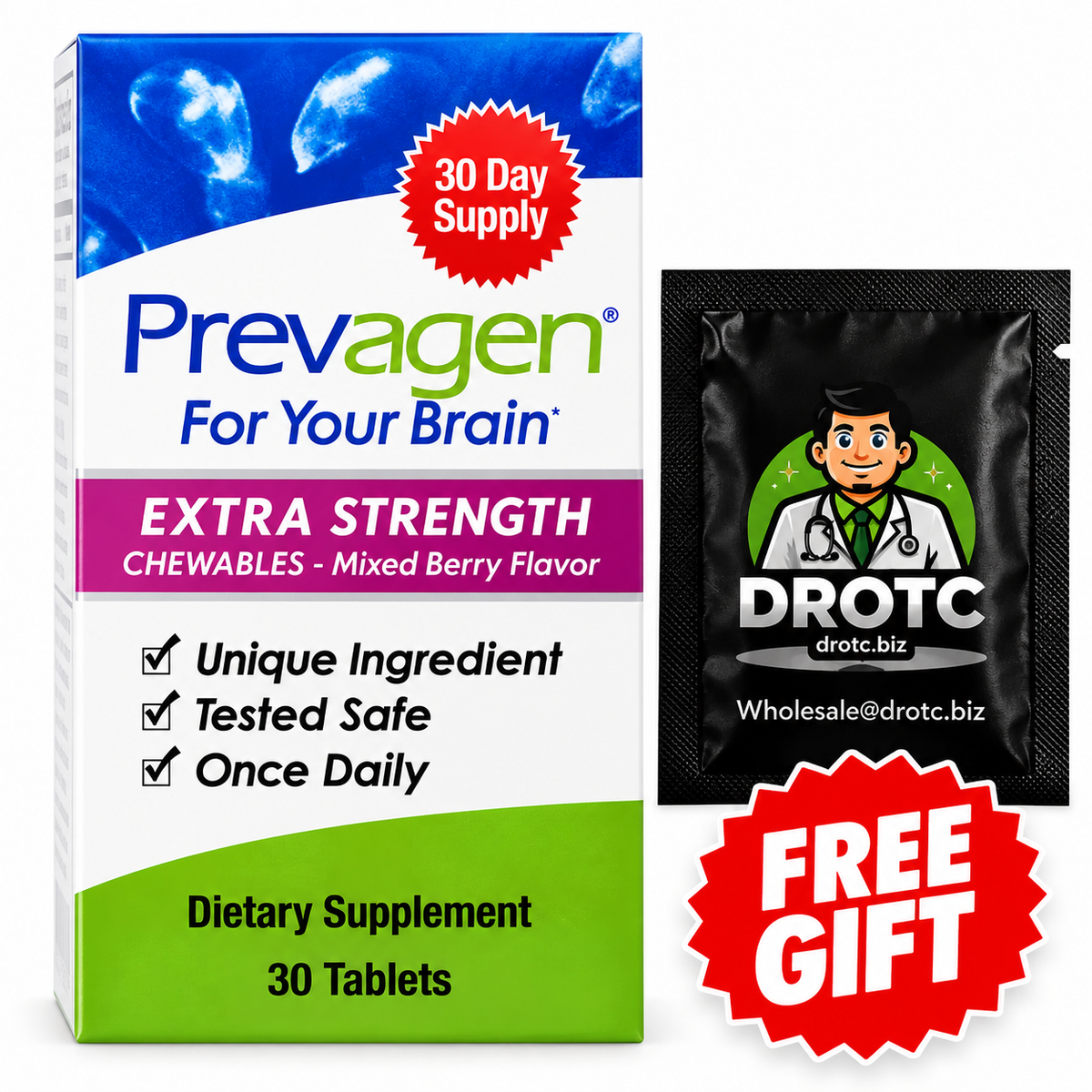 Prevagen® Extra Strength Berry Flavor Chewables - 20mg Apoaequorin, 30ct + Free DR OTC Eye Wipe