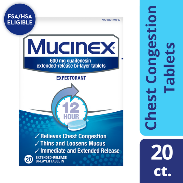 Mucinex 12 Hour Chest Congestion Medicine Tablets, 20 count