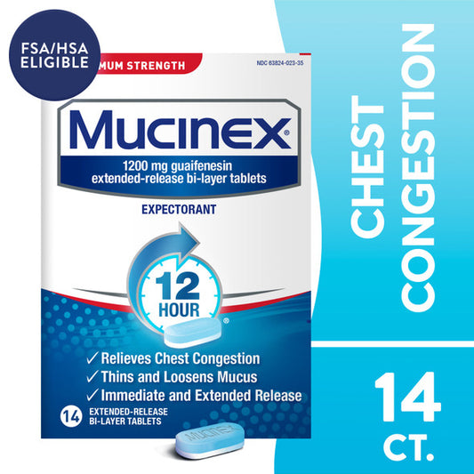 Mucinex Expectorant Max Strength 12Hour Chest Congestion Medicine Tablets, 14 count