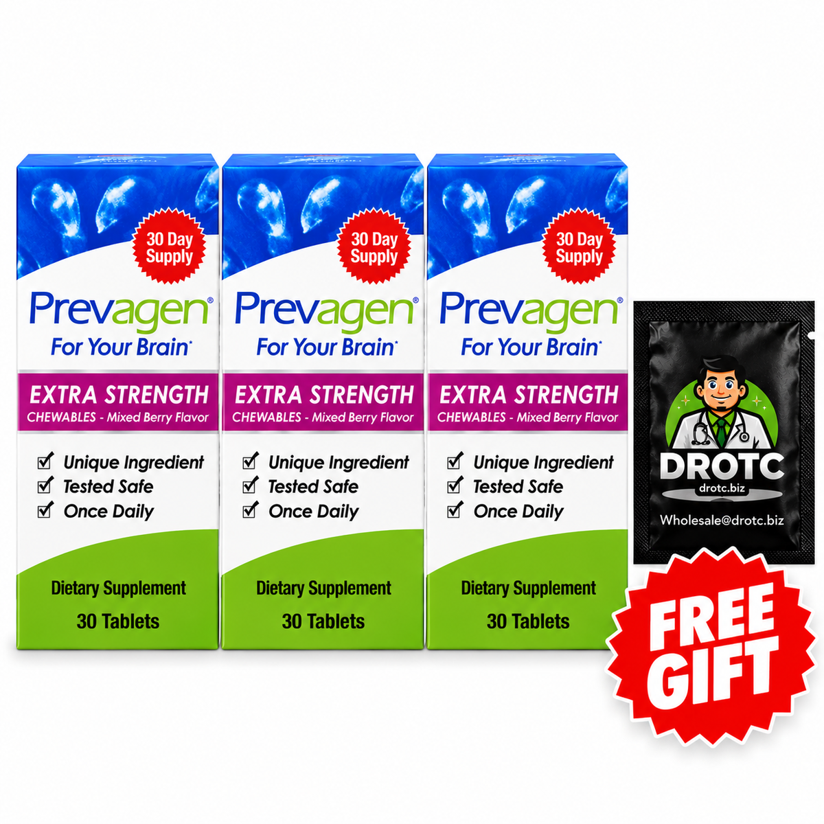 Prevagen® Extra Strength Berry Flavor Chewables - 20mg Apoaequorin, 30ct + Free DR OTC Eye Wipe