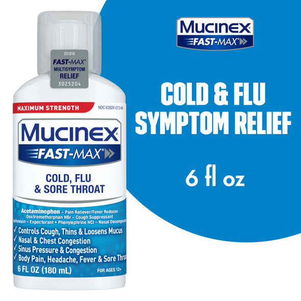 Mucinex Fast-Max Maximum Strength, Clear & Cool Adult Liquid Cold, Flu, & Sore Throat, 6 oz