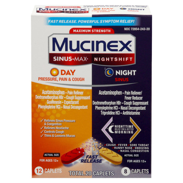 Mucinex Sinus-Max Max Strength Sinus & Cold Medicine, Day & Night Tablets, 20 count