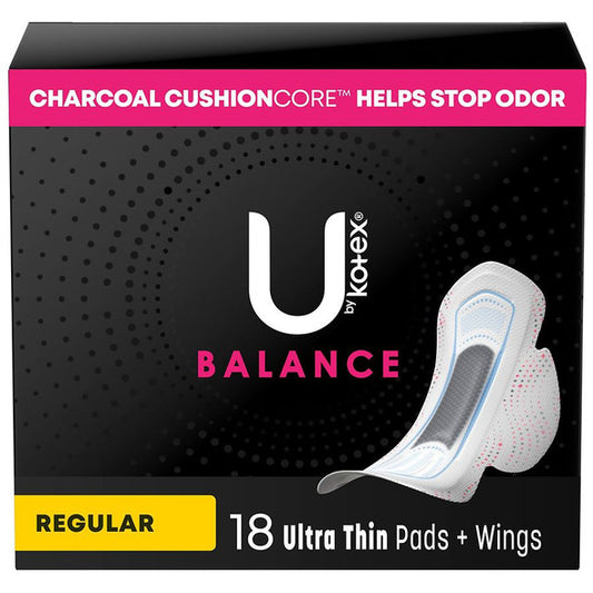 U by Kotex Balance Ultra-Thin Regular Pads with Wings, 18 count