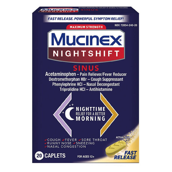 Mucinex Nightshift Sinus Caplets, 20 count