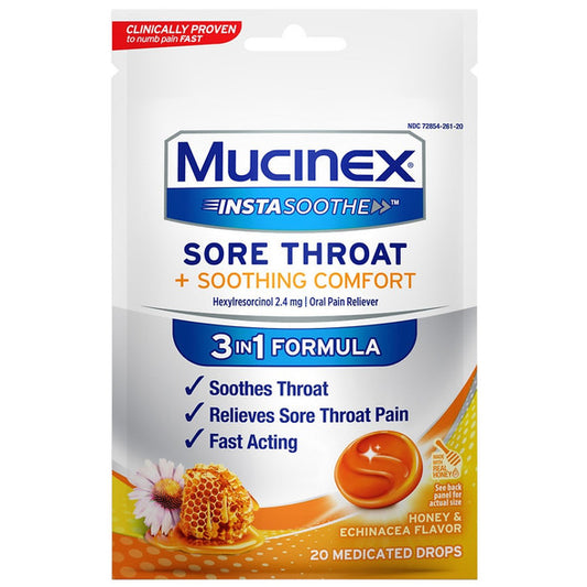 Mucinex Instasoothe Sore Throat Drops, Honey & Echinacea Flavor, 20 count