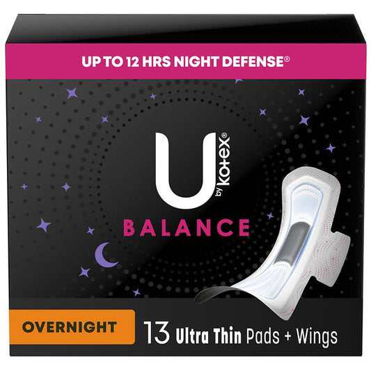 U by Kotex Balance Ultra-Thin Overnight Pads with Wings, 13 count