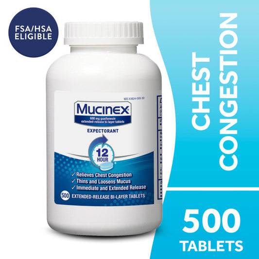 Mucinex 12 Hr Chest Congestion Expectorant, Tablets, 500ct