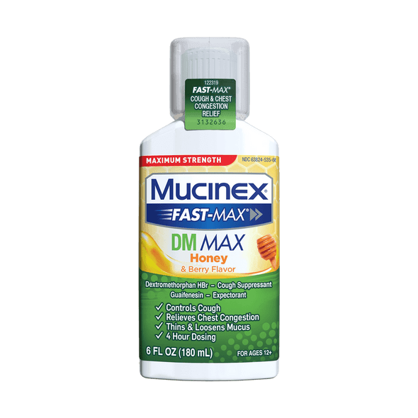 Mucinex Fast-Max Maximum Strength DM MAX, Symptom Relief, Cough Suppressant and Expectorant, Honey & Berry Flavor, 6 fl oz
