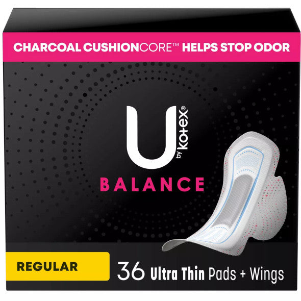 U by Kotex Balance Ultra Thin Regular Pads with Wings, Unscented, 36 count