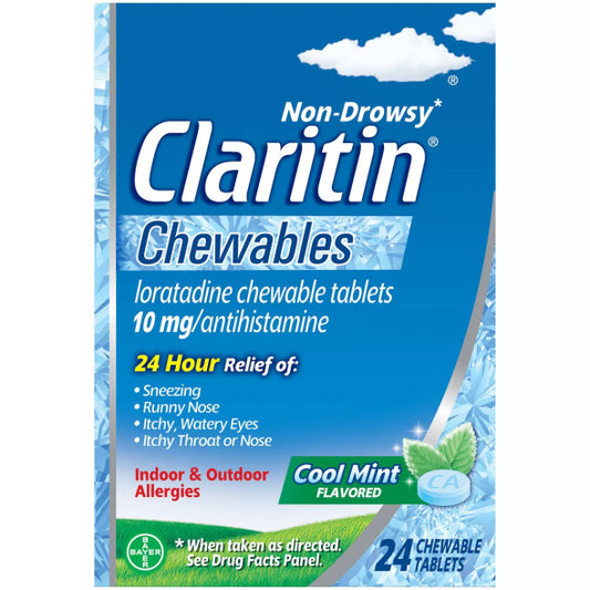 Claritin Chewables 24 Hour Non-Drowsy Allergy Relief, Cool Mint Flavored, 24 Chewable Tablets