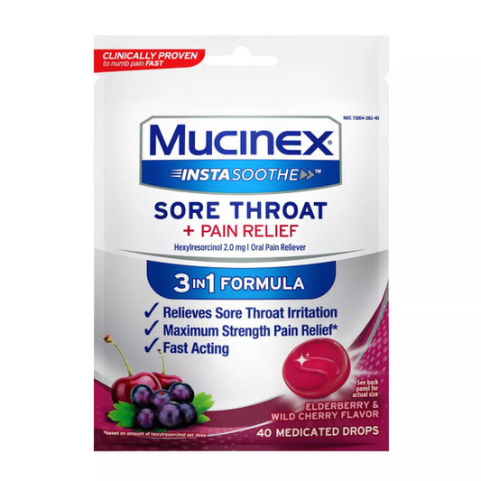 Mucinex Instasoothe Sore Throat Pain Relief Cough Drops, Elderberry & Wild Cherry Flavor, 40 count