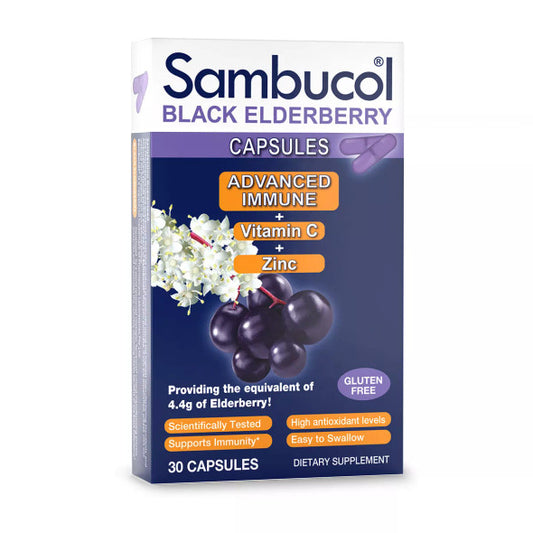 Sambucol Black Elderberry Advanced Immune Support, Capsules with Vitamin C and Zinc, 30 count