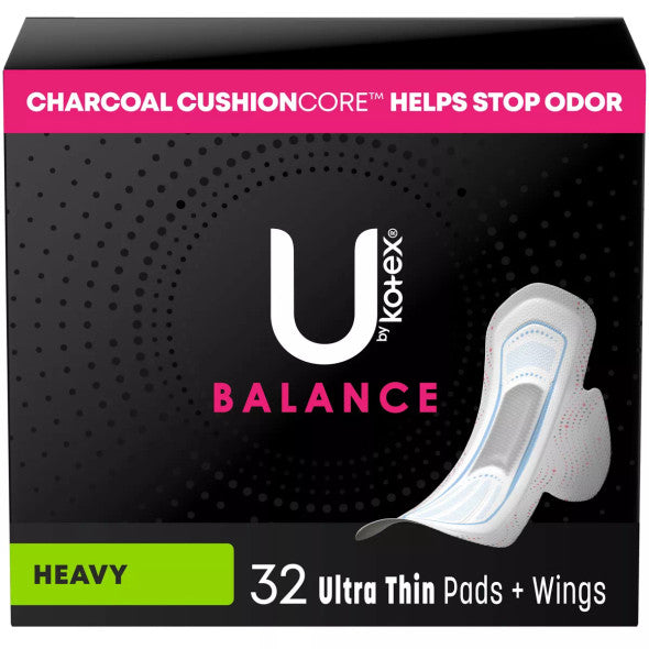 U by Kotex Balance Ultra-Thin Heavy Pads with Wings, Unscented, 32 Count