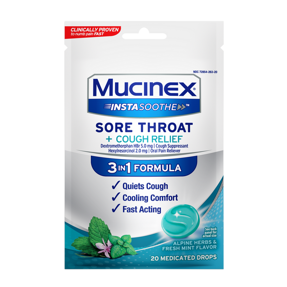 Mucinex Instasoothe Sore Throat & Cough Drops, Alpine Herb & Fresh Mint Flavor, 20 count