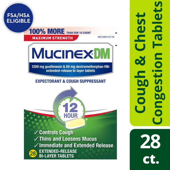 Mucinex DM Max Strength 12-Hour Cough Medicine Tablets, Expectorant & Cough Suppresant, 28 count