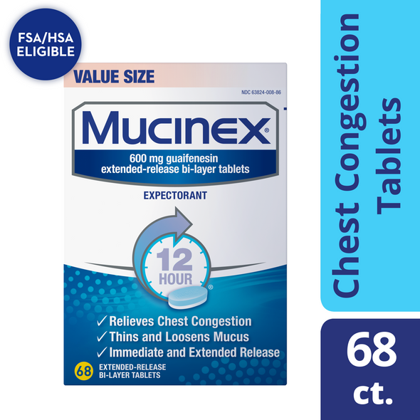 Mucinex 12 Hr Chest Congestion Expectorant Tablets, Value Size 68 count