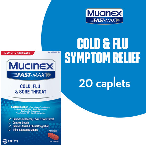 Mucinex Fast-Max Adult Cold, Flu and Sore Throat Caplets, 20 Count