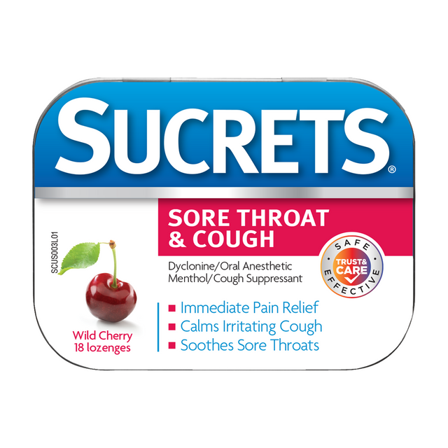 Sucrets Sore Throat & Cough Lozenges, Wild Cherry Flavor, 18 count