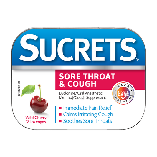 Sucrets Sore Throat & Cough Lozenges, Wild Cherry Flavor, 18 count