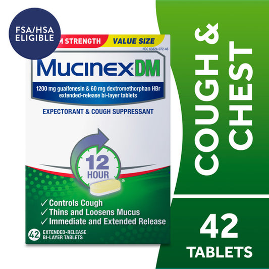 Mucinex DM 12 Hr Maximum Strength Expectorant & Cough Suppressant Tablets, Value Size 42 count