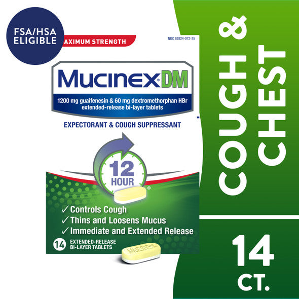 Mucinex DM Maximum Strength 12 Hour Cough Medicine Tablets, 14 count