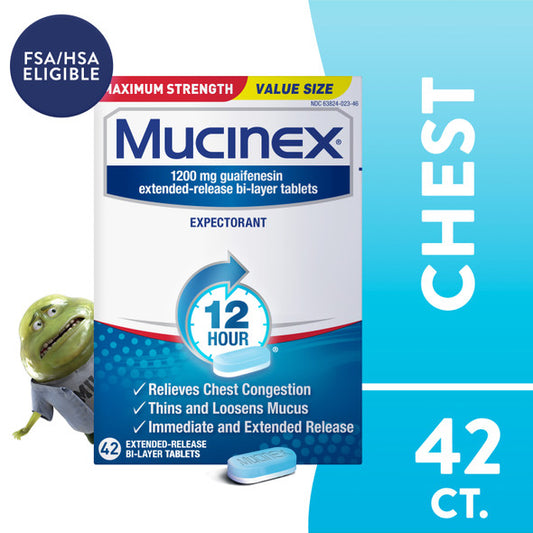 Mucinex 12 Hr Maximum Strength Chest Congestion Expectorant Tablets, Value Size 42 count