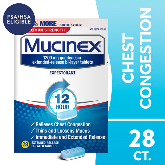 Mucinex Max Strength 12-Hour Chest Congestion Medicine, Tablets, 28 count