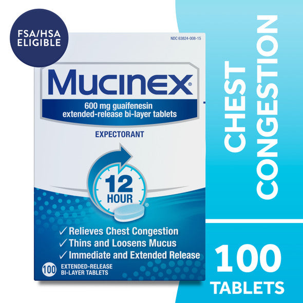 Mucinex 12 Hour Expectorant Extended Release Bi-Layer Tablets, Chest Congestion Thins and Loosens Mucus, 100 count